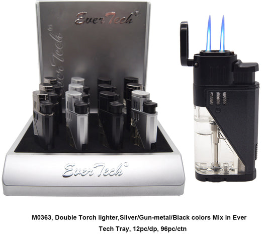 M0363 | Ever Tech Double Torch Cigar Lighter with Transparent Fuel Tank and Punch