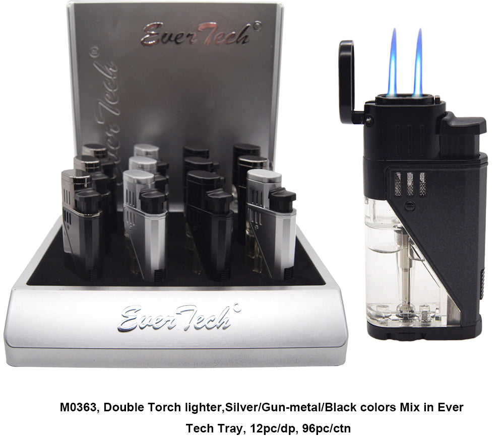 M0363 | Ever Tech Double Torch Cigar Lighter with Transparent Fuel Tank and Punch