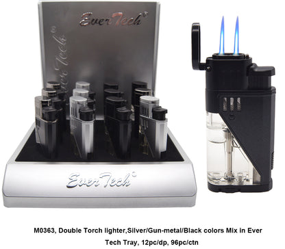 M0363 | Ever Tech Double Torch Cigar Lighter with Transparent Fuel Tank and Punch